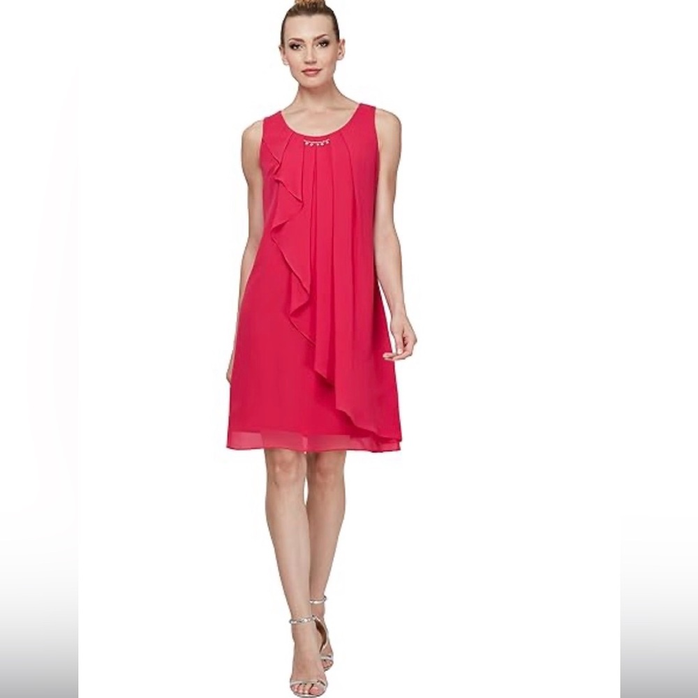 SL Fashions Sleeveless Chiffon Jewel-Neck Sheath Dress Size 16 Hot Pink NEW